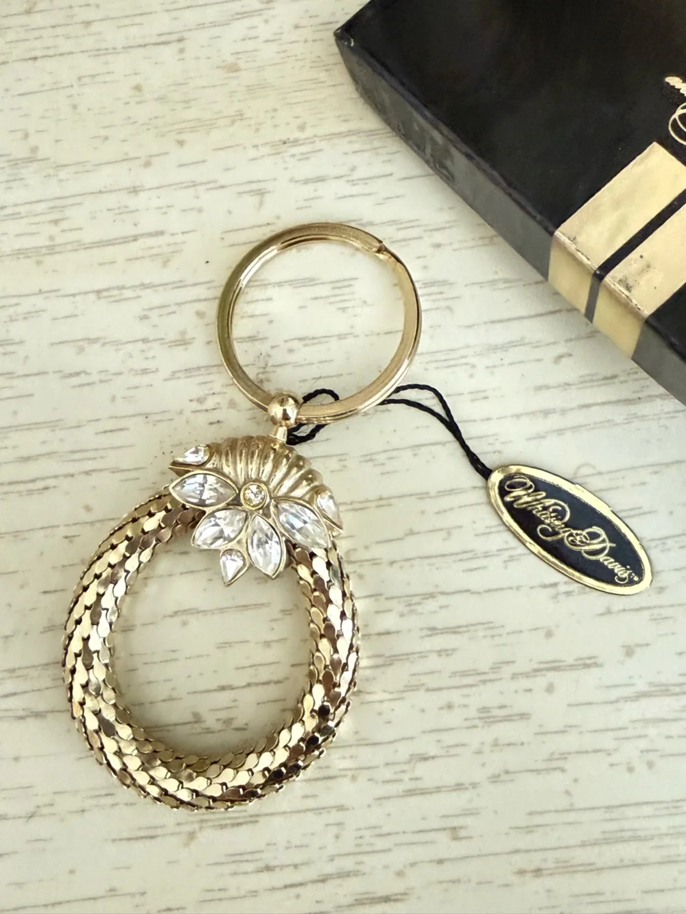 Vintage Whiting & Davis Gold Mesh Rhinestone  Key Ring / Keychain NWT